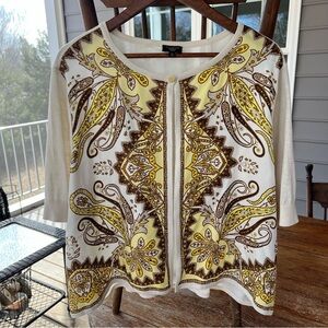 EUC TALBOTS yellow brown cream silk paisley open cardigan 1 button Women’s 2X